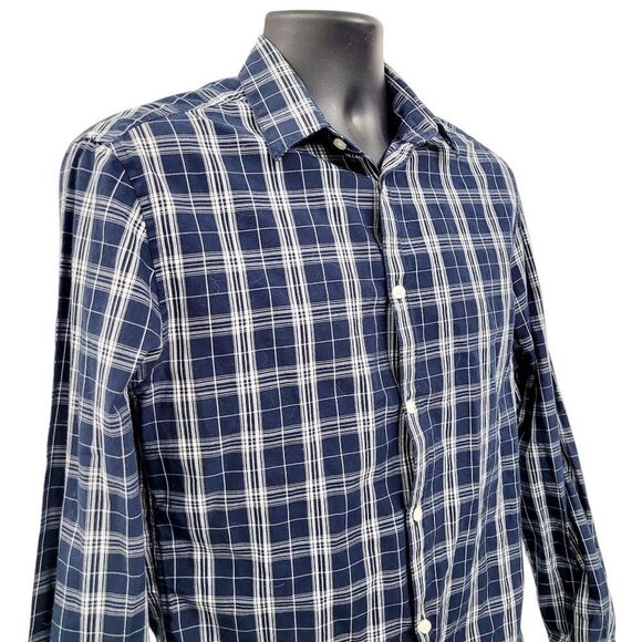 2/$20 H&M Navy Blue & White Plaid Pattern Buttons Down Shirt Slim Fit Size: M - Picture 5 of 12